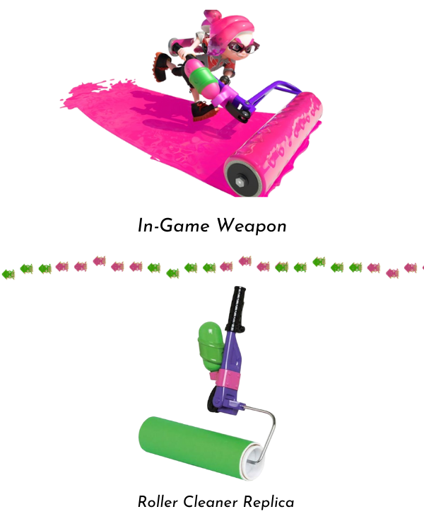 A stacked comparison of the in-game Splatoon Splat Roller weapon and Taito's roller cleaner replica