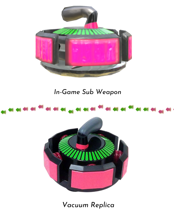 A stacked comparison of the in-game Splatoon Curling Bomb sub weapon and Sun Art's vacuum replica