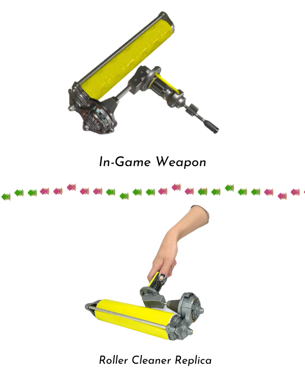 A stacked comparison of the in-game Splatoon Dynamo Roller weapon and Taito's roller cleaner replica