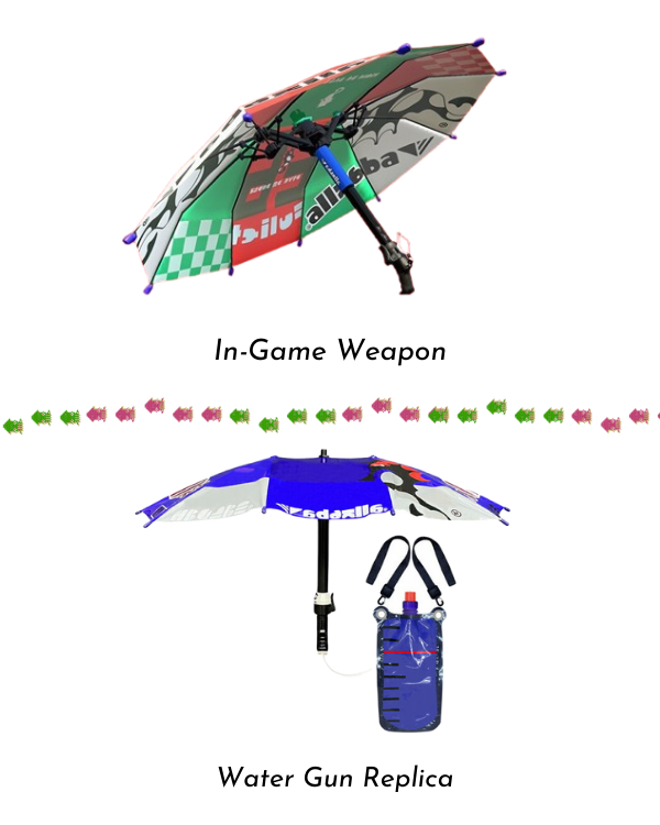A stacked comparison of the in-game Splatoon Splat Brella weapon and Sun Art's water gun replica